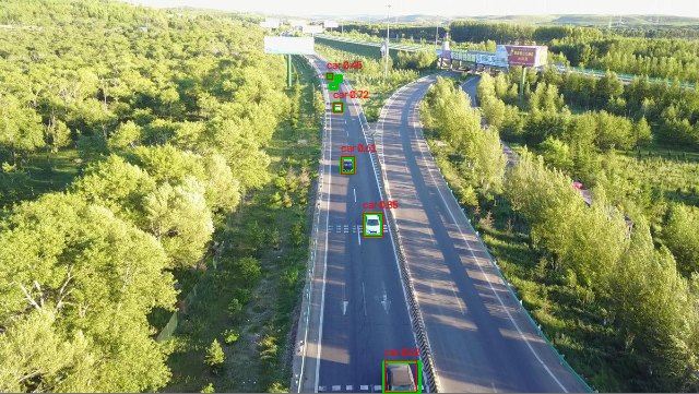 Aerial view of a highway through forest. The cars on the road have green ground-truth boxes, each matched by a red prediction labelled car.
